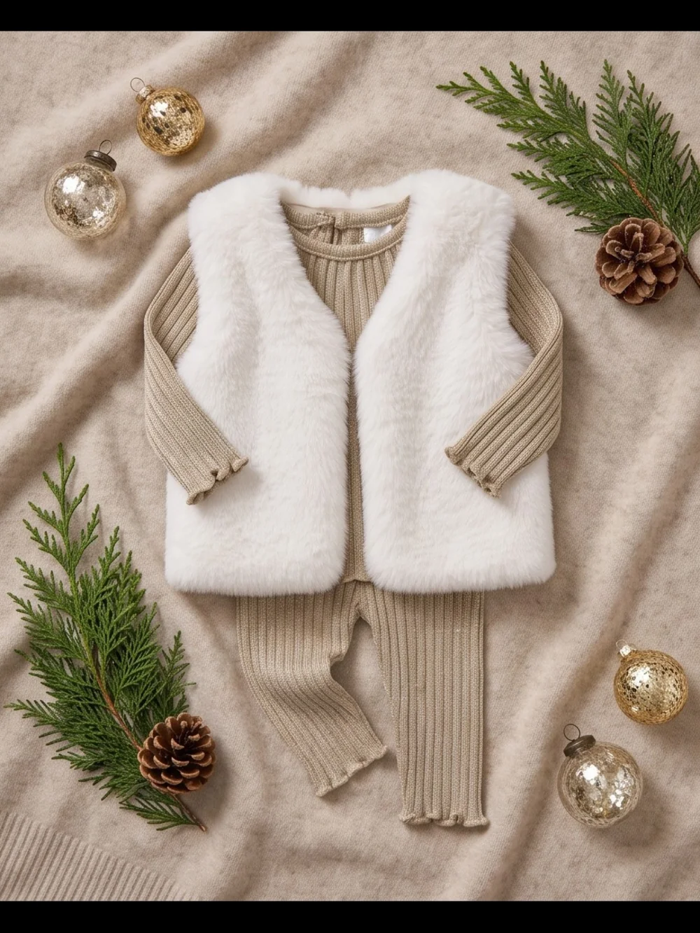 3 pcs Kids Matching Set with Cream Vest and Tan Ribbed Knit